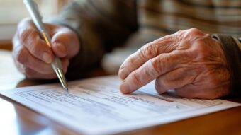Elderly person signing California inheritance will documents with a pen at a table