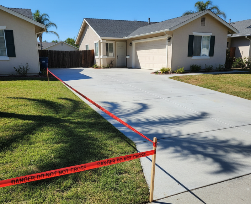 Concrete driveway encroaching onto neighbor’s lawn marked with red tape in a California neighborhood