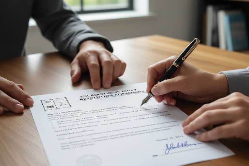 Homeowner signing an encroachment resolution agreement letter to settle property boundary issues. AI-generated.