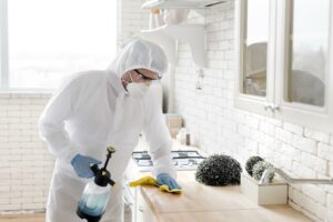 Man cleans a counter top after mold infestation