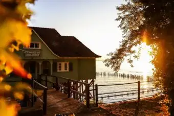 house, lake, sunset