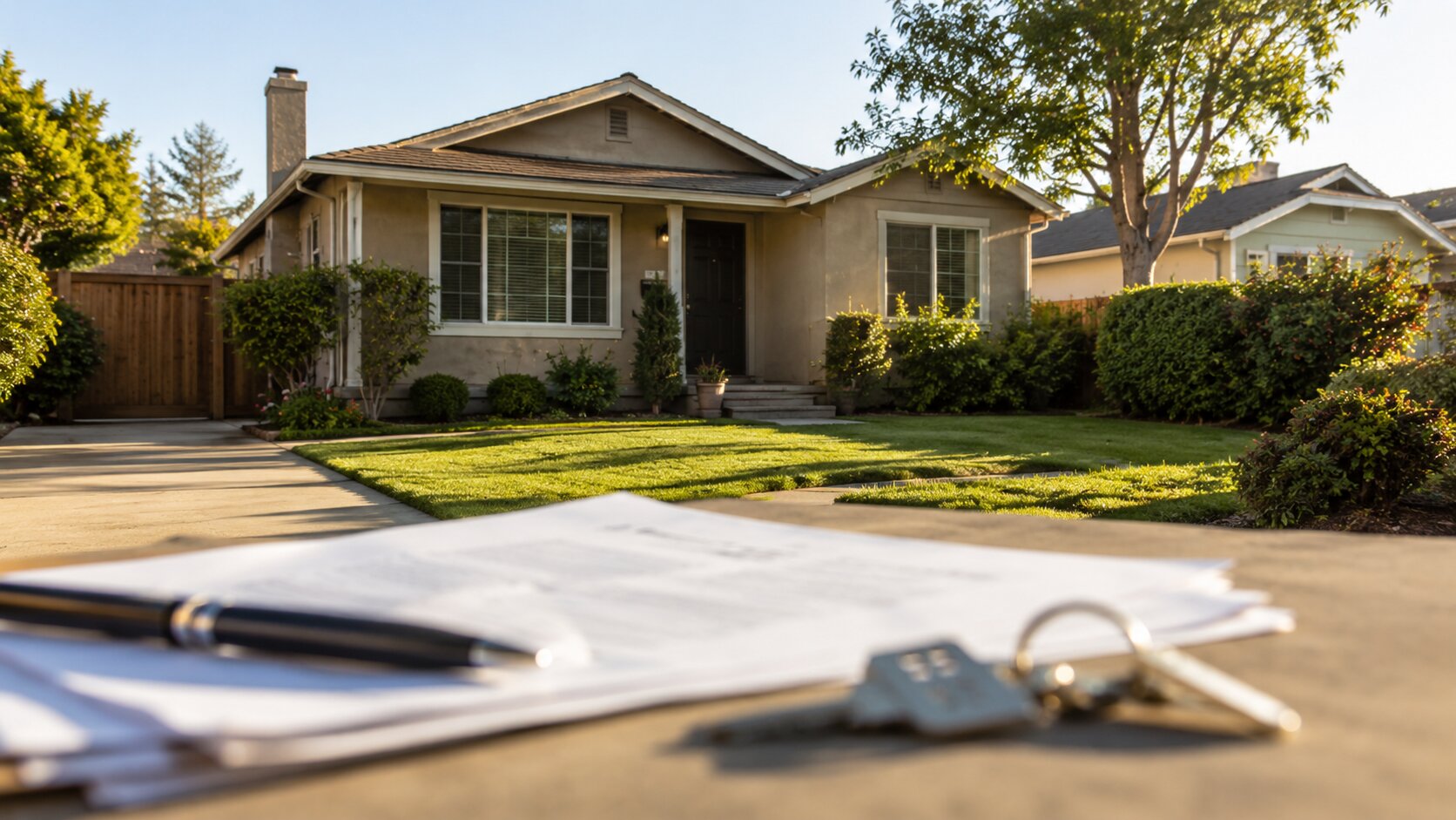 Blurred estate paperwork California suburban home with blurred estate paperwork, pen, and house keys in the foreground