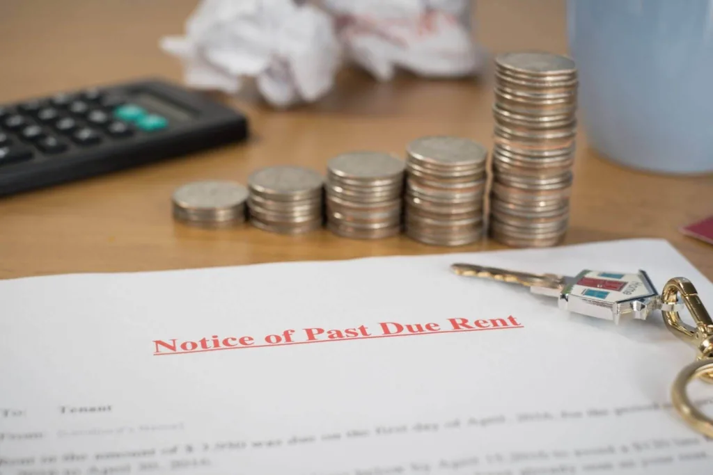 A late rent notice on a table with keys and coins