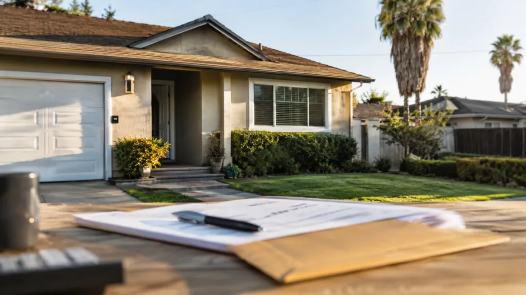 Modest California suburban home with blurred mortgage paperwork and envelope in the foreground.