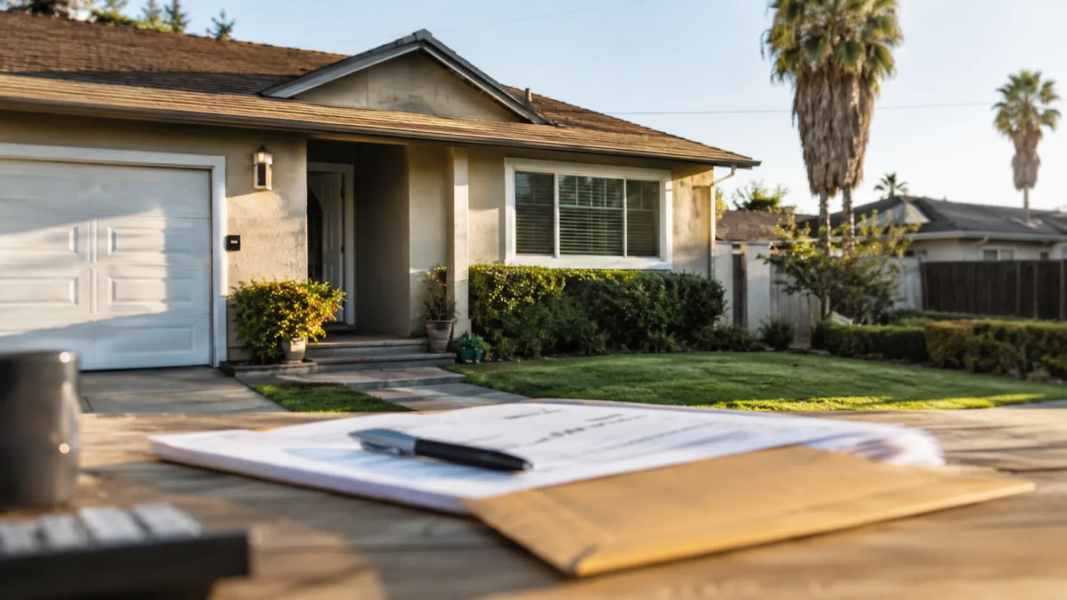 Modest California suburban home with blurred mortgage paperwork and envelope in the foreground.