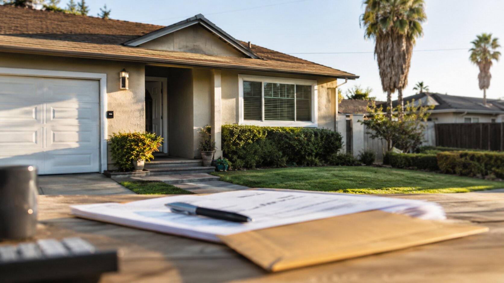 Modest California suburban home with blurred mortgage paperwork and envelope in the foreground.