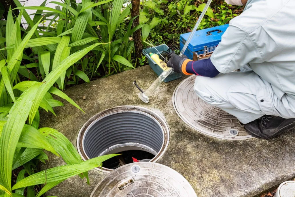 A workman inspects a septic tank in a garden