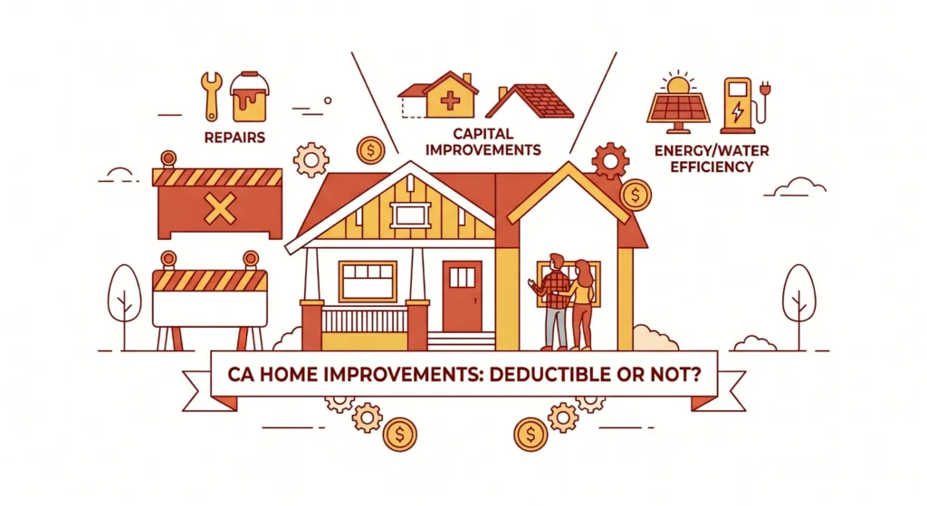 A flat-line vector infographic titled "CA HOME IMPROVEMENTS: DEDUCTIBLE OR NOT?" displays a house surrounded by categorized upgrade icons for general repairs, capital improvements, and energy/water efficiency.