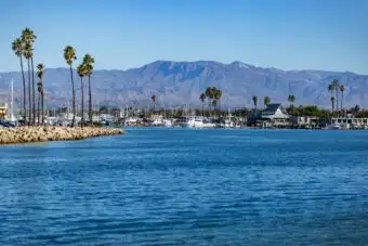 Beautiful view of Channel Islands Harbor in Oxnard, CA with palm trees and mountains in the background.