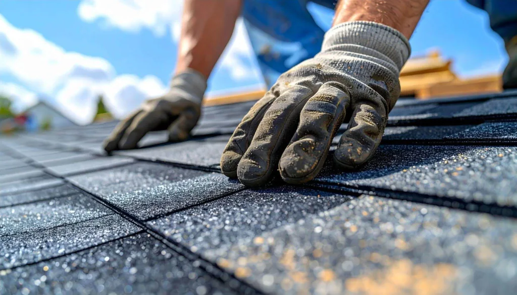 a close up of a roofer wearing gloves repairing a roof