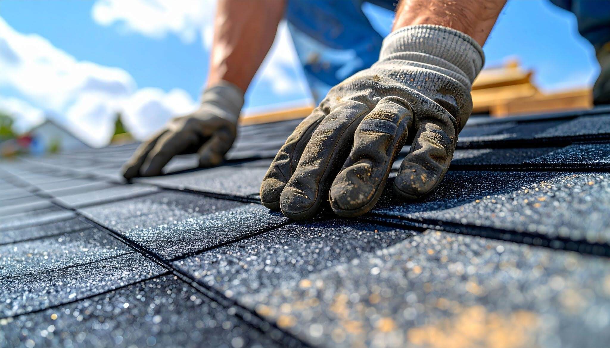 Roofer wearing gloves a close up of a roofer wearing gloves repairing a roof