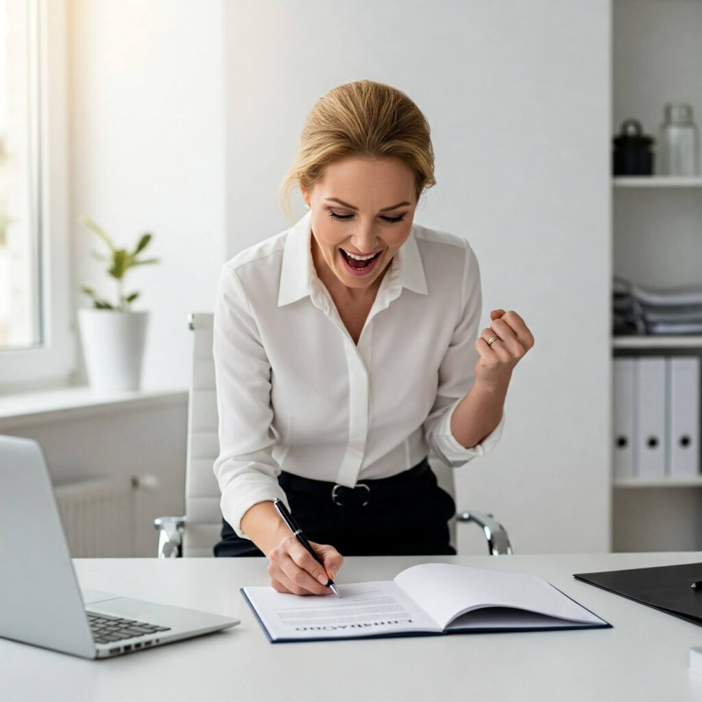 business woman signing docs
