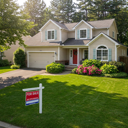 two story house with sale sign
