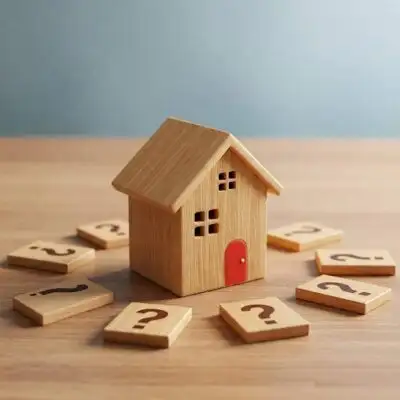 a wooden house game piece with question mark branded wooden tiles around it