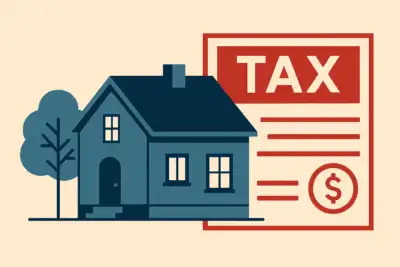 a graphic showing a house with a tax form behind it to represent tax-assessed value of a home in California