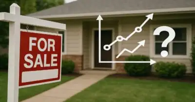 For sale sign in front of a house with an overlay of rising graph lines and a question mark, symbolizing uncertainty in real estate market trends and absorption rate