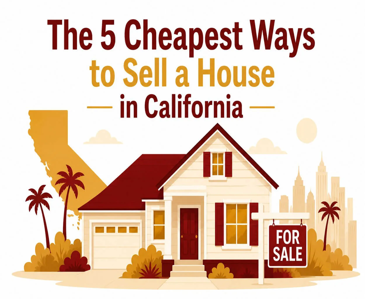 A California home with a "For Sale" sign is shown alongside a gold dollar symbol, highlighting affordable ways to sell a property. The vector illustration uses red, gold, and white tones with a clean, modern real estate design.