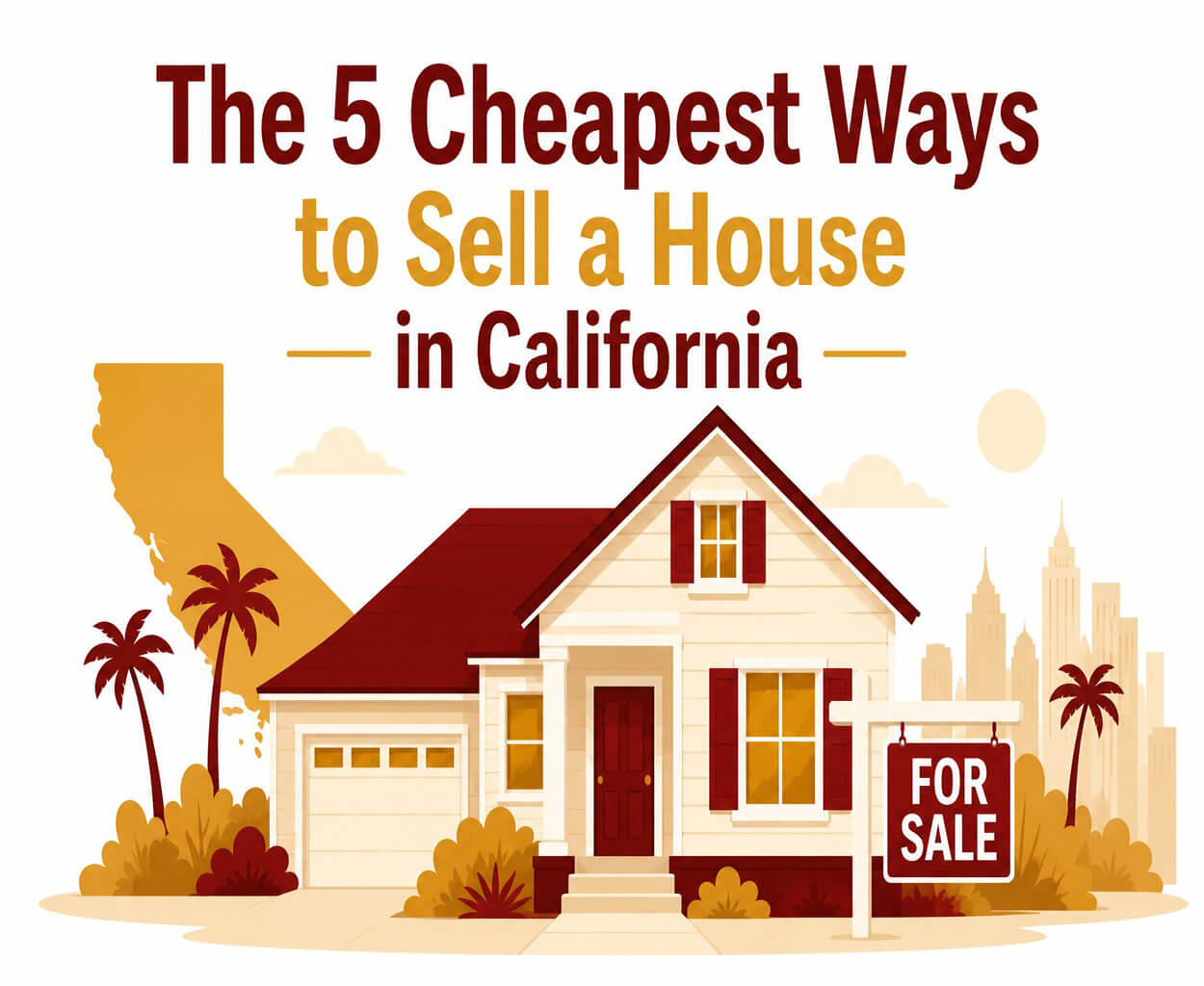 Affordable ways to sell a property A California home with a "For Sale" sign is shown alongside a gold dollar symbol, highlighting affordable ways to sell a property. The vector illustration uses red, gold, and white tones with a clean, modern real estate design.