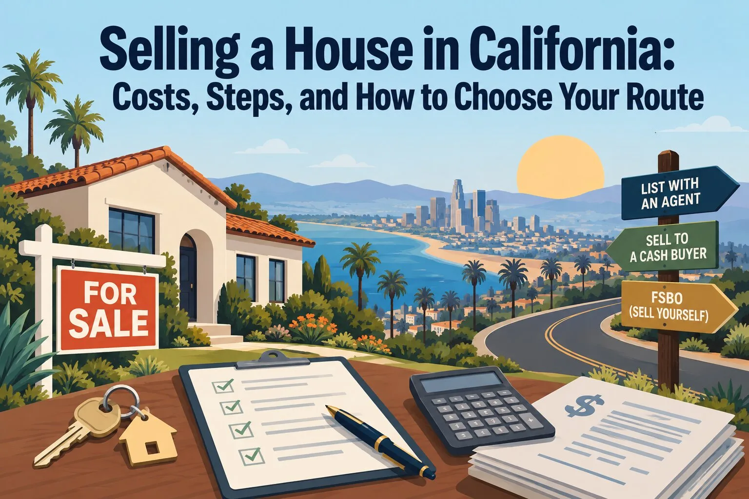 California home for sale with checklist, calculator, keys, and signposts showing three selling routes.