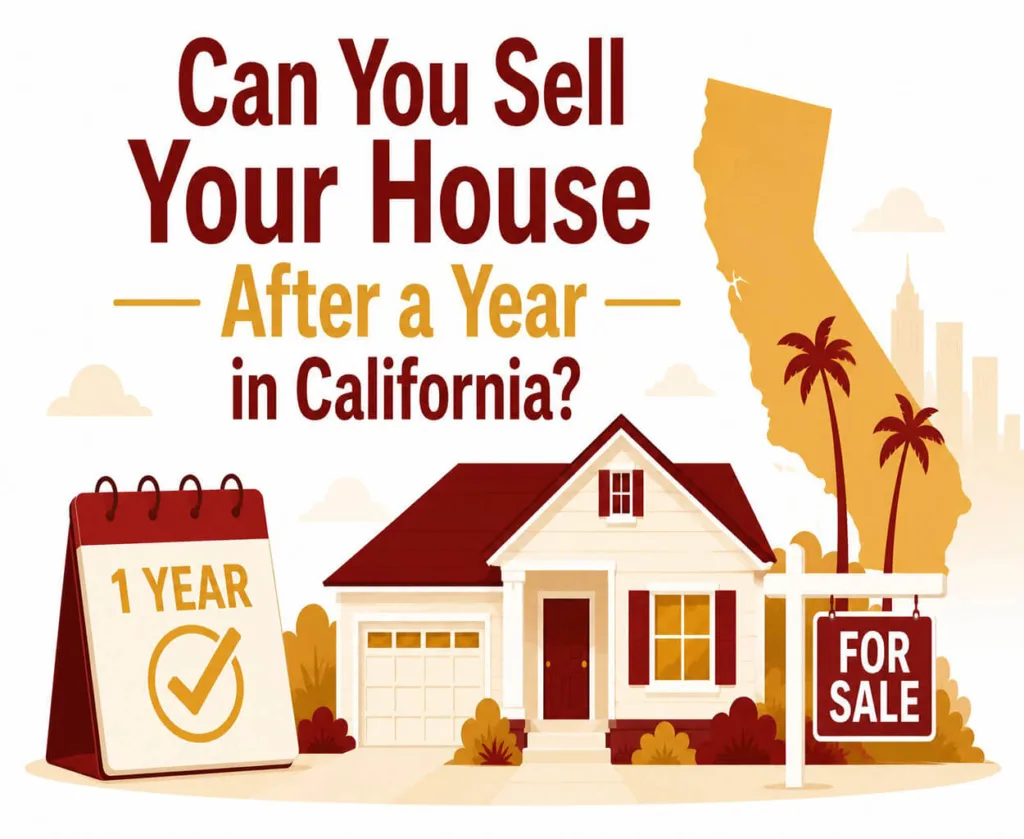 A California home with a "For Sale" sign is shown beside a one-year calendar, representing the timeline for selling a house after one year of ownership. The clean vector illustration uses red, gold, and white tones in a modern real estate style.
