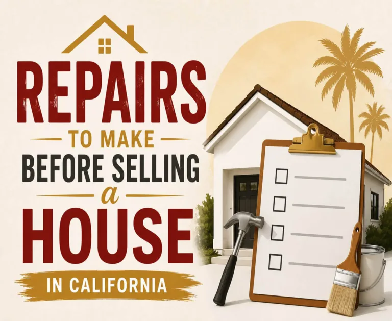 A house is shown beside a blank repair checklist, hammer, and paintbrush, representing home maintenance before selling in California. The clean vector illustration uses red, gold, and white tones with a simple home improvement theme.