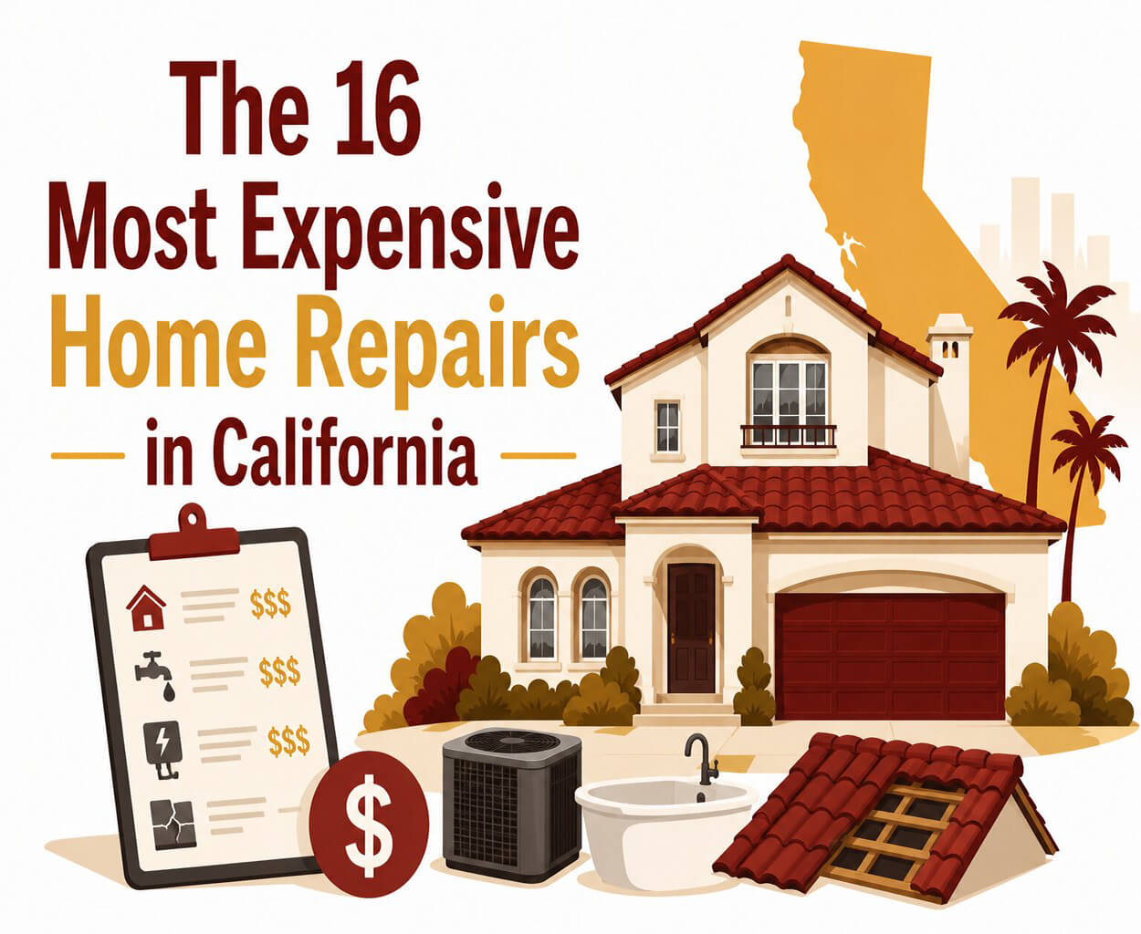 Costly repair A California home is surrounded by costly repair items, including a damaged roof, HVAC unit, bathtub, and repair estimate checklist. The vector illustration represents the high cost of major home repairs before selling a property.