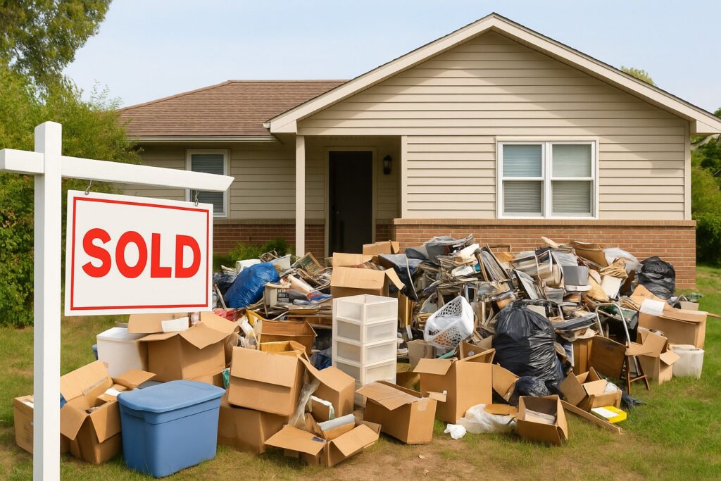 Front of a hoarder house with a cluttered yard and a SOLD sign.