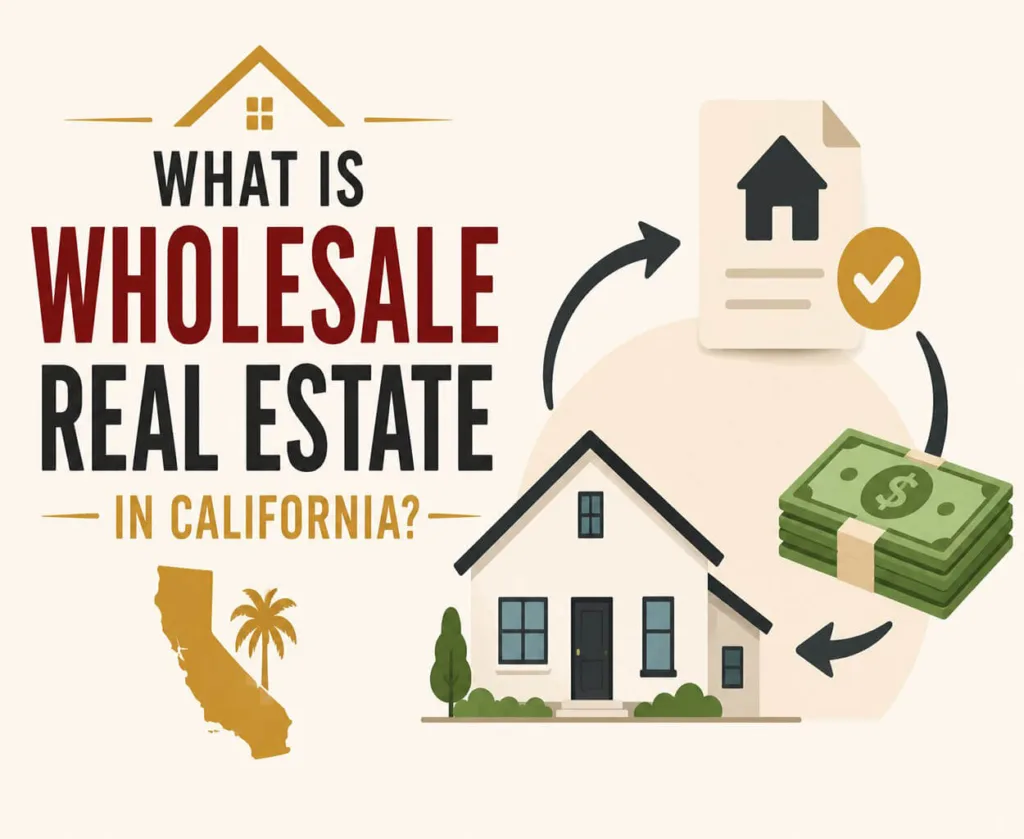 A house, contract, and cash are connected with circular arrows to illustrate the concept of wholesale real estate in California. The simple vector graphic uses red, gold, and white tones with clean real estate-themed icons.