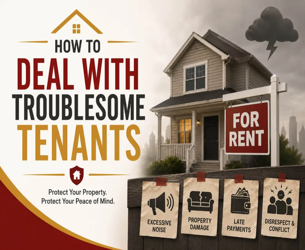 A rental house with a "For Rent" sign is paired with icons representing common tenant issues, including noise, property damage, late rent, and conflict. The illustration highlights the challenges landlords may face with troublesome tenants.