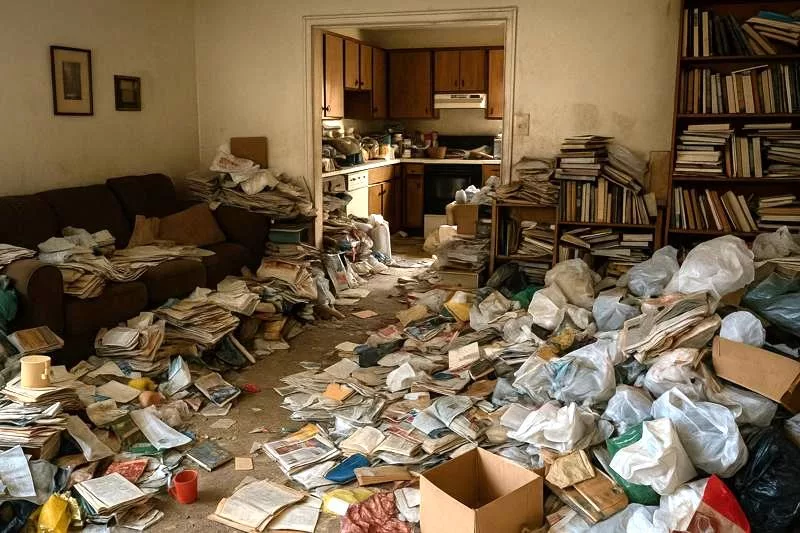 Cluttered living room and kitchen filled with trash and books.