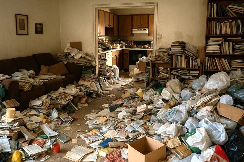 Cluttered living room and kitchen filled with trash and books.