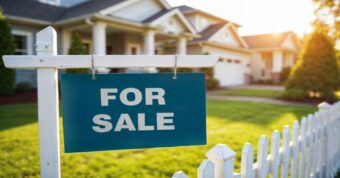 selling-a-house-in-california For sale sign in front yard, selling a house in California.
