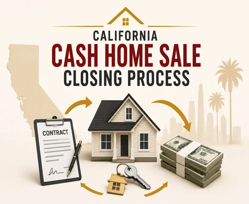 A house, signed contract, keys, and cash are connected by arrows to represent the California cash home sale closing process. The clean vector illustration uses simple real estate icons in red, gold, and white tones.