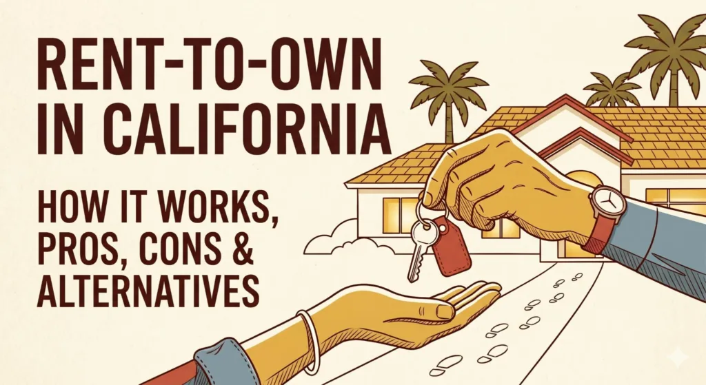A flat vector illustration in a retro color palette showing a homeowner’s hand passing a set of house keys to a buyer's hand in front of a California home.