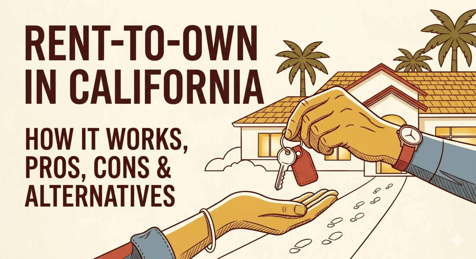 A flat vector illustration in a retro color palette showing a homeowner’s hand passing a set of house keys to a buyer's hand in front of a California home.