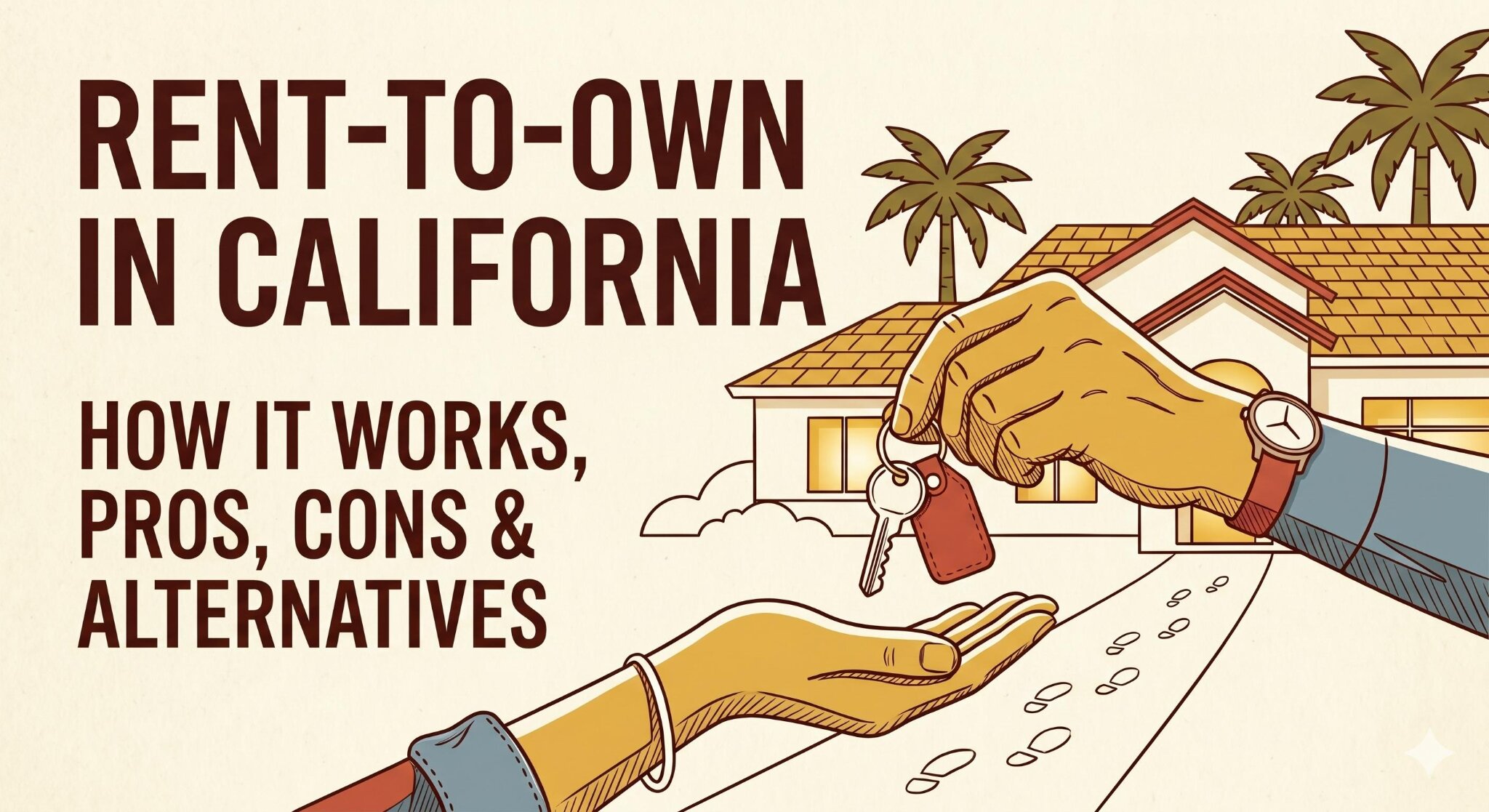 Passing a set of house keys A flat vector illustration in a retro color palette showing a homeowner’s hand passing a set of house keys to a buyer's hand in front of a California home.