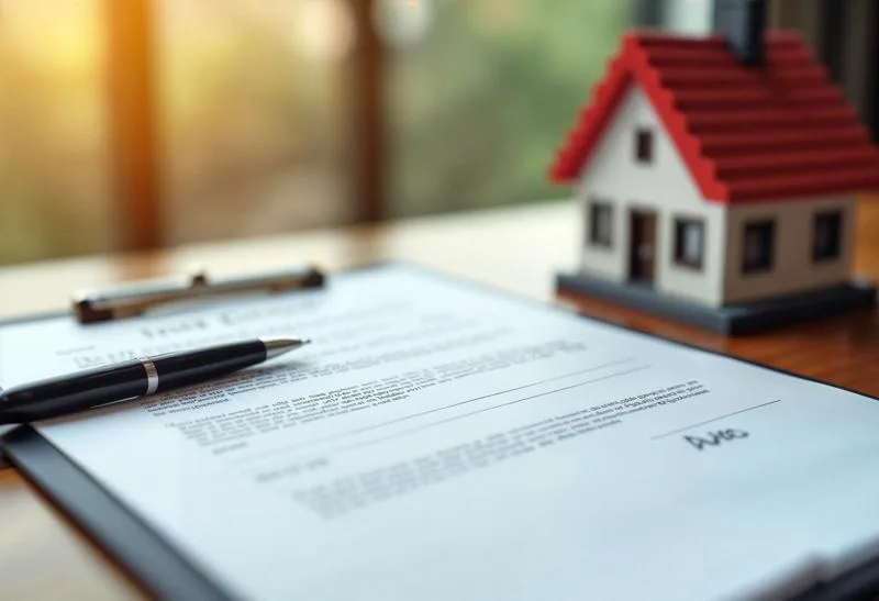 Real estate contract with pen and miniature house model
