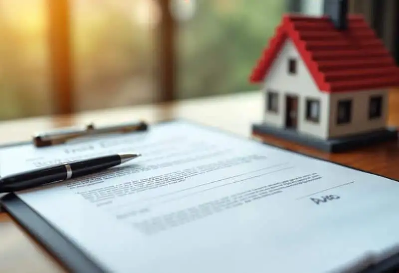 Real estate contract with pen and miniature house model