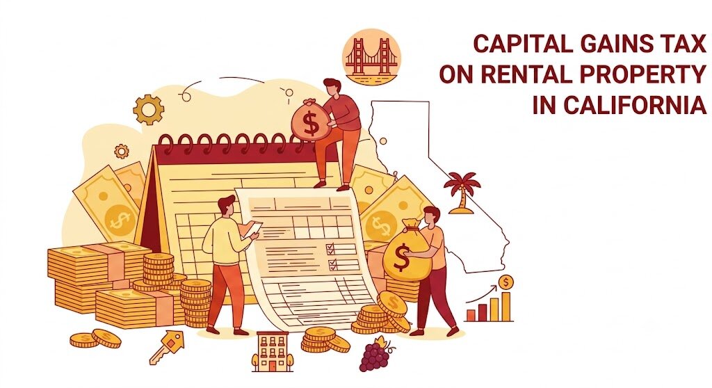 A flat vector illustration, using a warm terracotta red and yellow color palette, about "CAPITAL GAINS TAX ON RENTAL PROPERTY IN CALIFORNIA".]