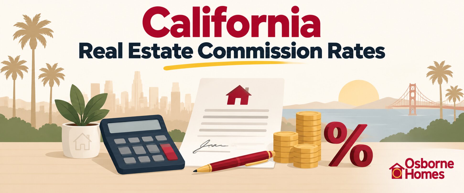 California real estate commission rates illustrated with a contract, calculator, percentage symbol and coins.