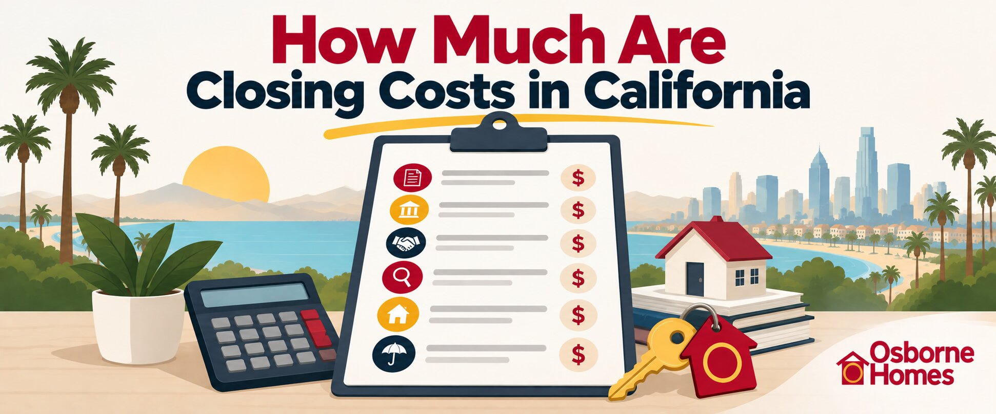 Closing costs checklist California closing costs checklist with dollar signs, calculator, house keys and coastal California backdrop.