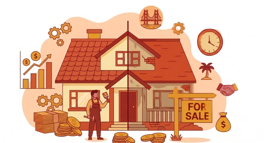 Split-screen infographic comparing home renovation with a contractor and profit graph on the left, against selling as-is with a "FOR SALE" sign and clock on the right.