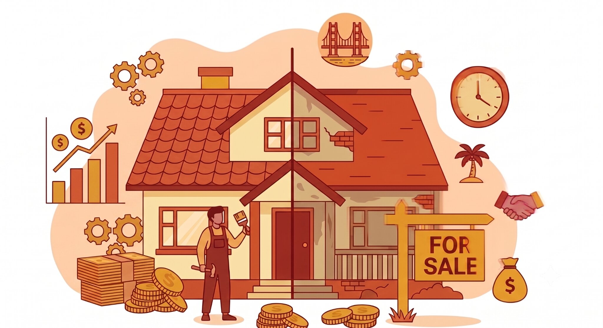 Split-screen infographic comparing home renovation with a contractor and profit graph on the left, against selling as-is with a "FOR SALE" sign and clock on the right.