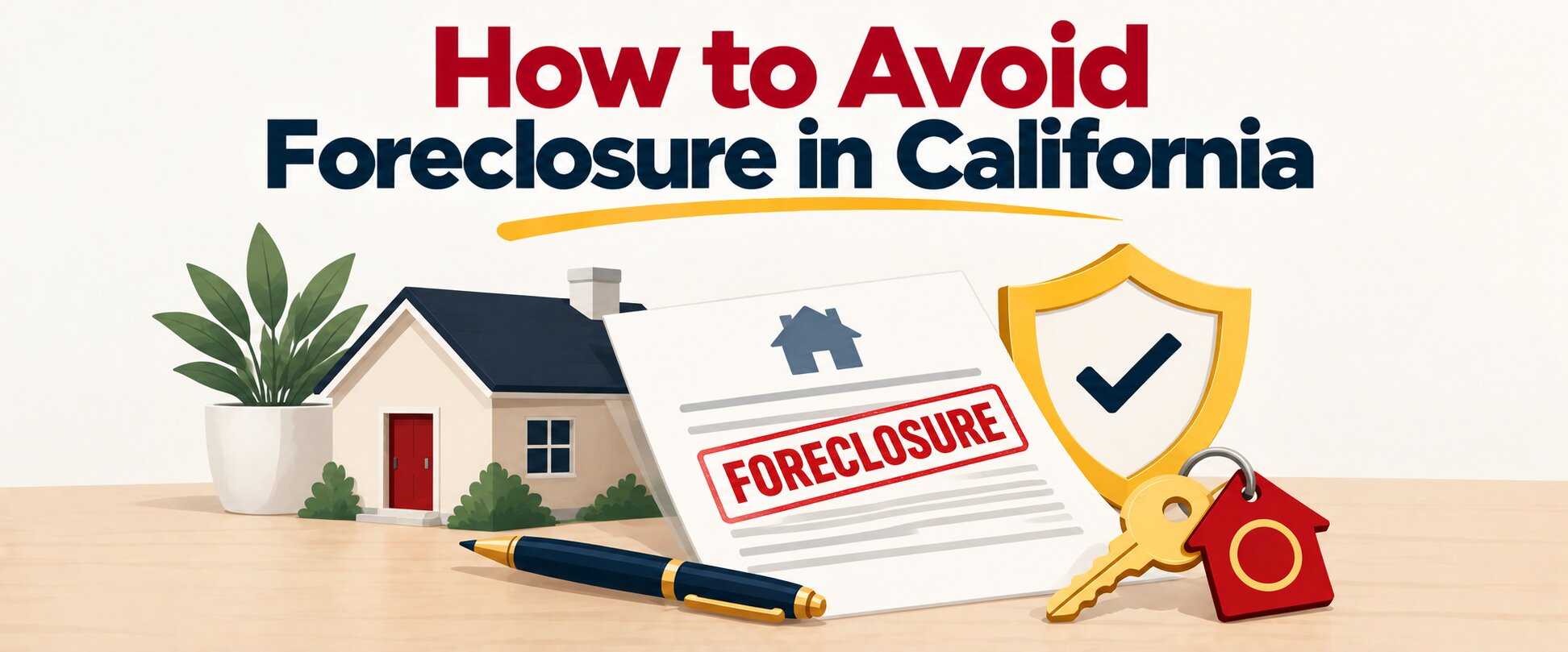 Foreclosure notice, house keys and protective shield illustrating how to avoid foreclosure in California.