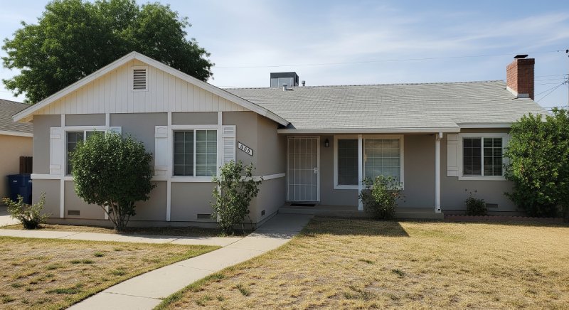 A beige house with white trim that needs repairs in Bakersfield, California