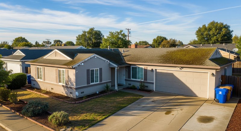 Single-story Fairfield home with driveway and mossy roof, showing houses Osborne buys in any condition.