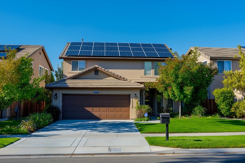 Modern Fresno, CA home with solar panels and a manicured lawn. Sell your house fast in Fresno.