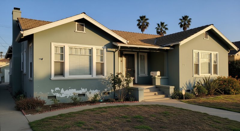 Worn blue Long Beach house with chipped paint, representing Osborne Homes’ as-is fast purchase process.
