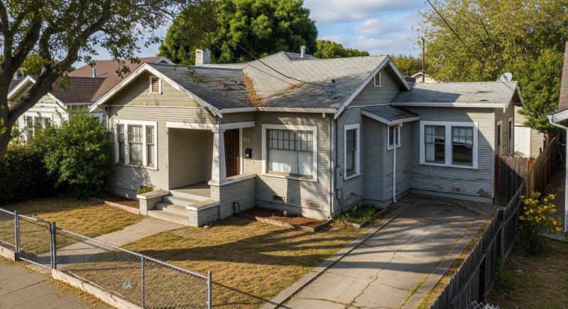 Distressed Oakland house with cracked driveway and damaged roof, representing Osborne Homes’ ability to buy as-is.
