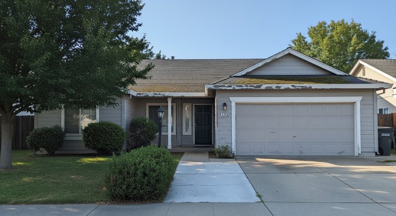 A beige house with white trim that needs repairs in Modesto, California